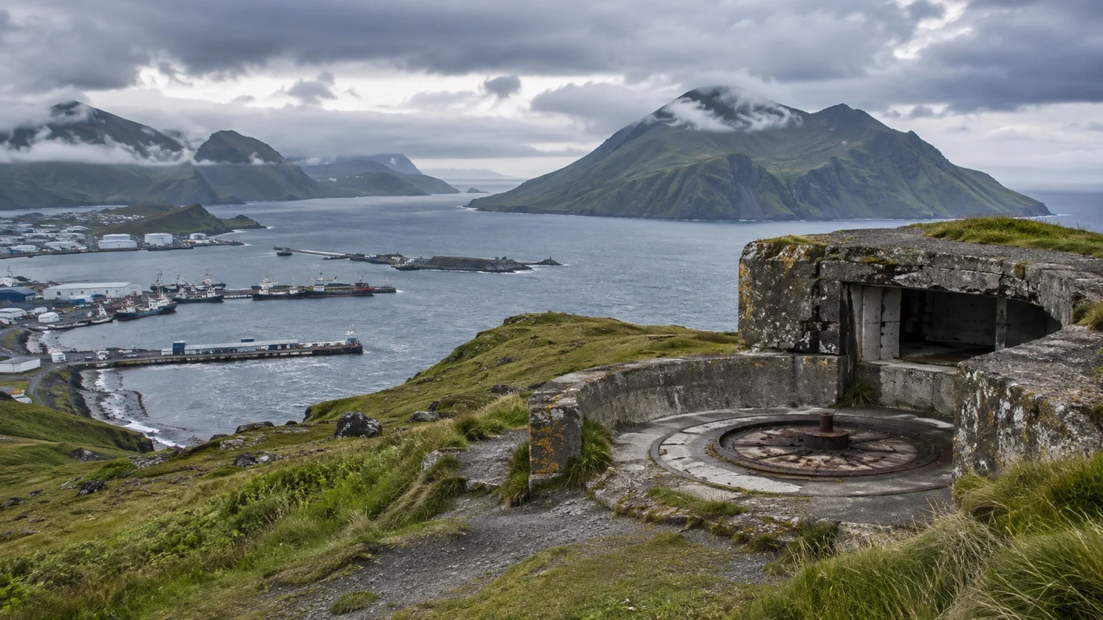 Weathered World War II coastal fort above Dutch Harbor