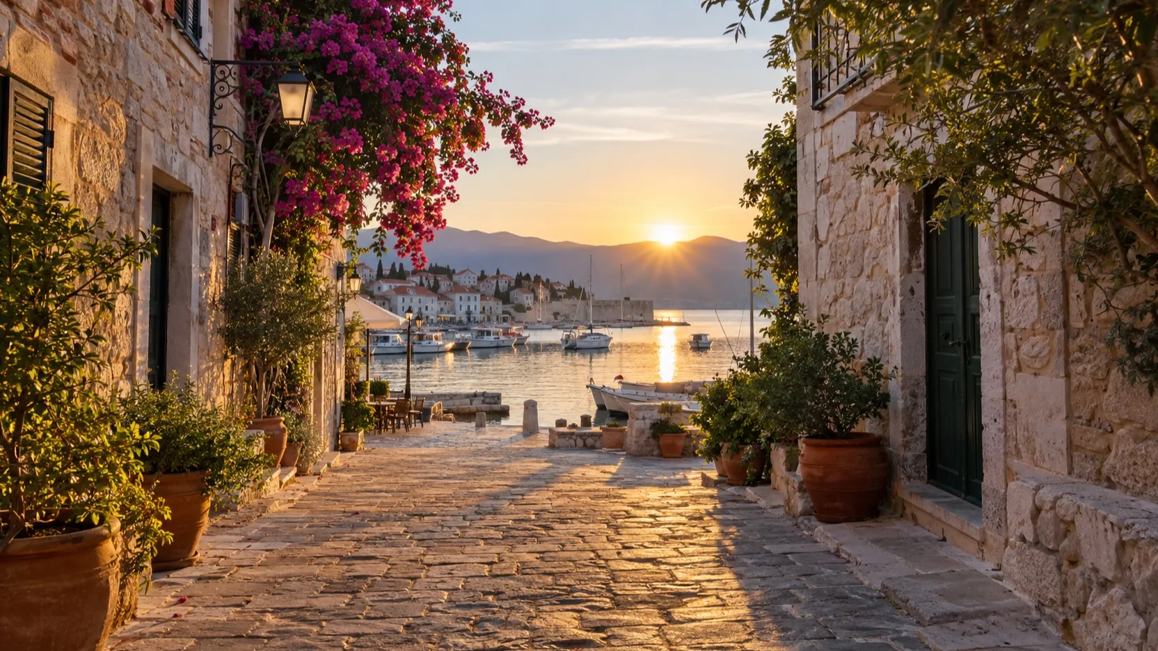 Shaded old town lane toward the waterfront at sunrise