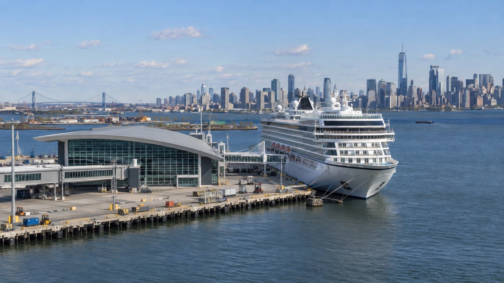 Cruise ship at Cape Liberty with the Manhattan skyline across the harbor