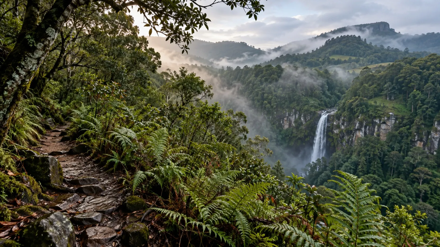 Misty forest and waterfall in the Amathole Mountains near Hogsback