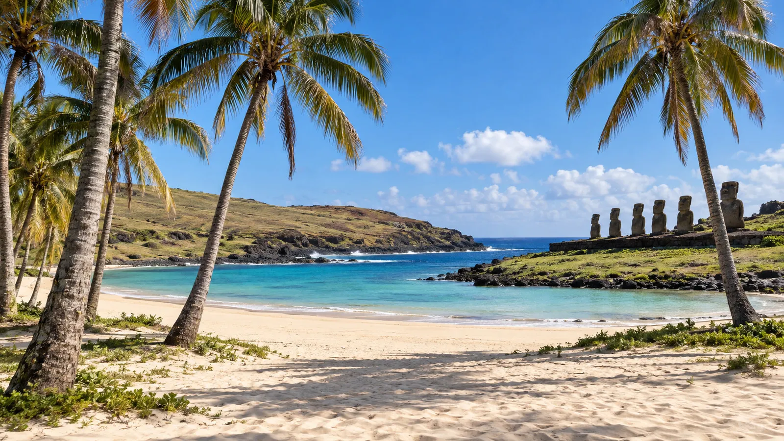 Anakena Beach palms and moai on Easter Island