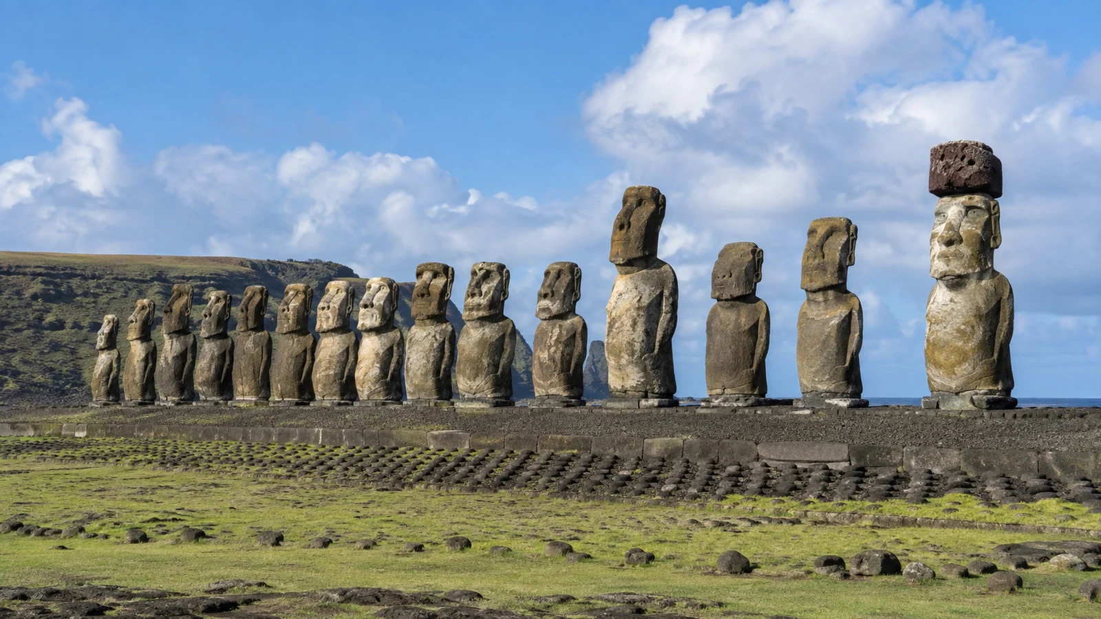 Moai standing on the Ahu Tongariki platform at Easter Island