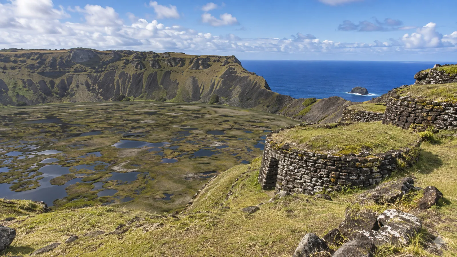 Rano Kau volcanic crater and Orongo stone houses