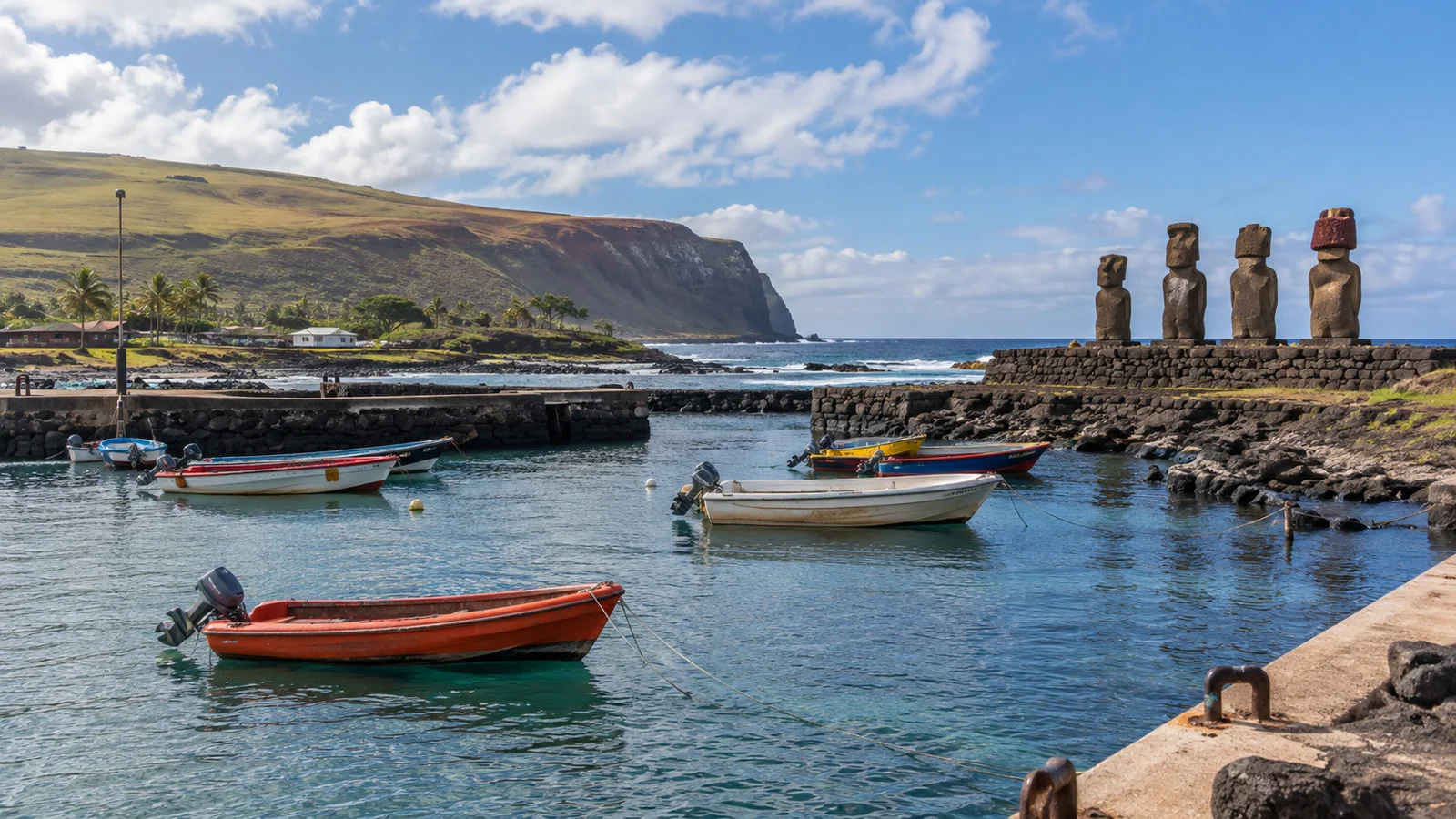 Small tender boats and moai at Hanga Roa harbor on Easter Island