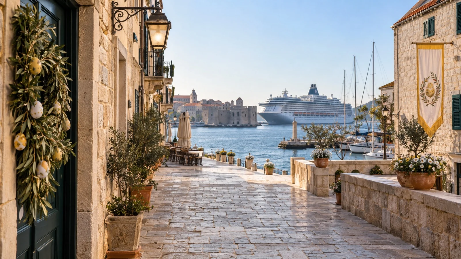 Empty historic Mediterranean port street with holiday greenery and a cruise ship in the harbor