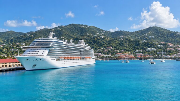Cruise ship in St Thomas harbor beneath green hills