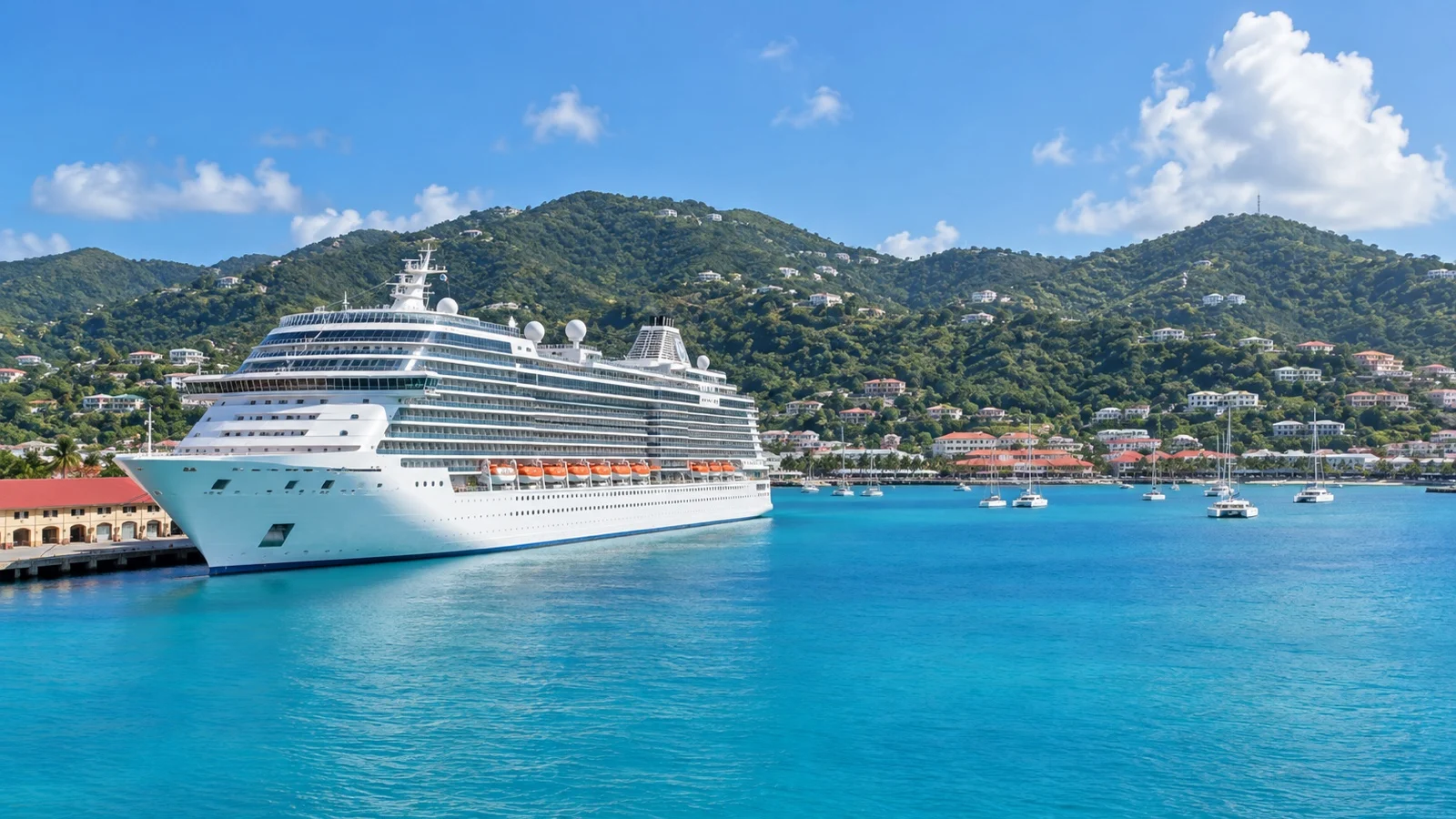 Cruise ship in St Thomas harbor beneath green hills