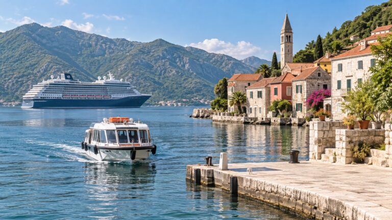 Cruise tender approaching a sheltered landing beside a compact coastal town