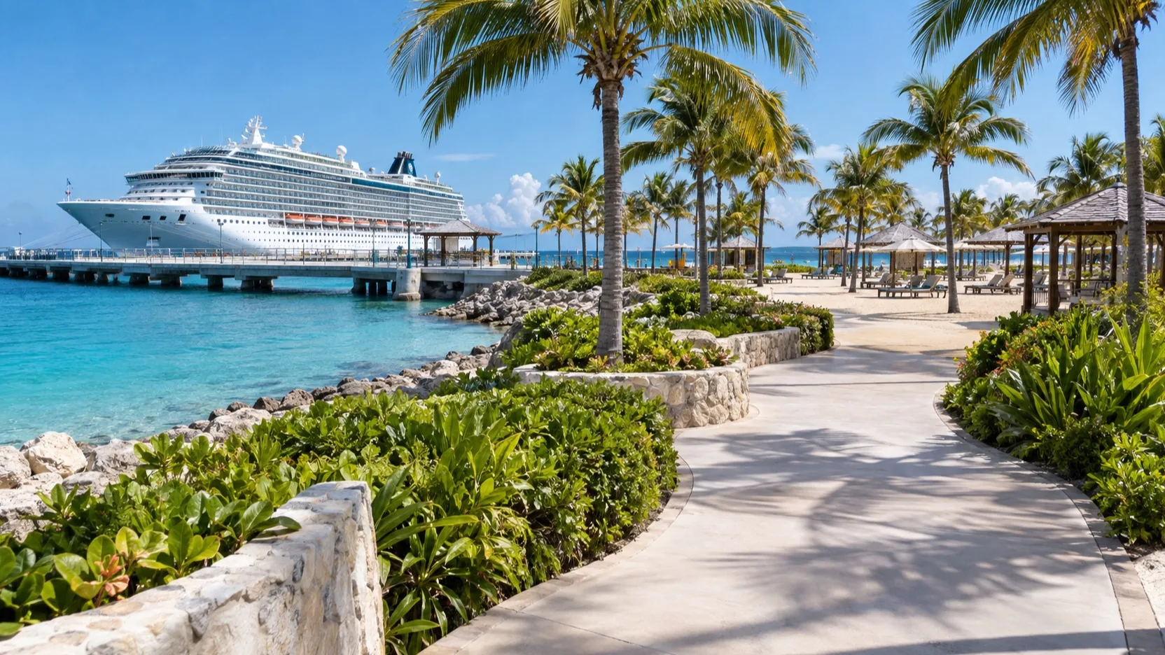 Broad palm-lined path from a cruise pier through a purpose-built destination