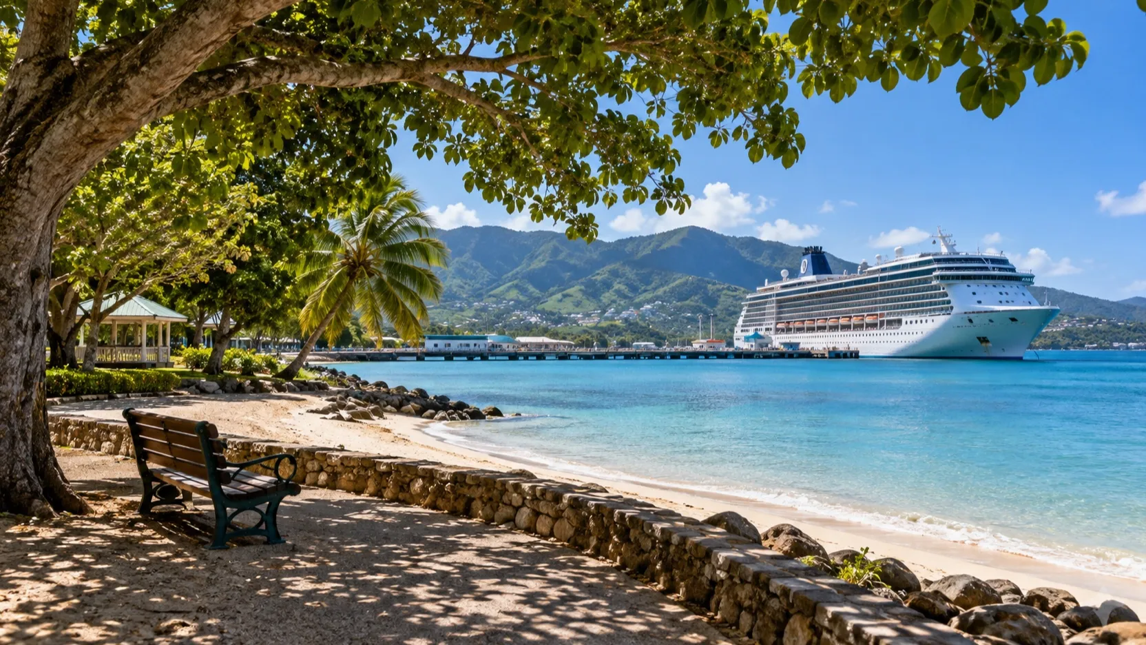 Shaded bench and short waterfront walk near a cruise ship