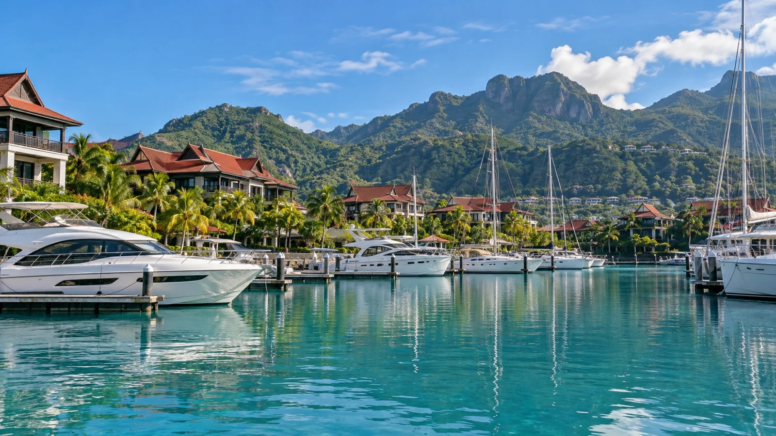 Eden Island marina on Mahé, Seychelles, with yachts and tropical mountains