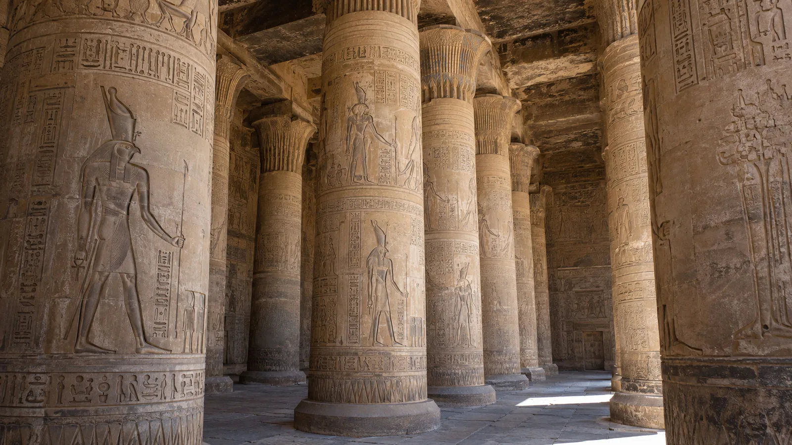 Decorated columns inside the Temple of Horus