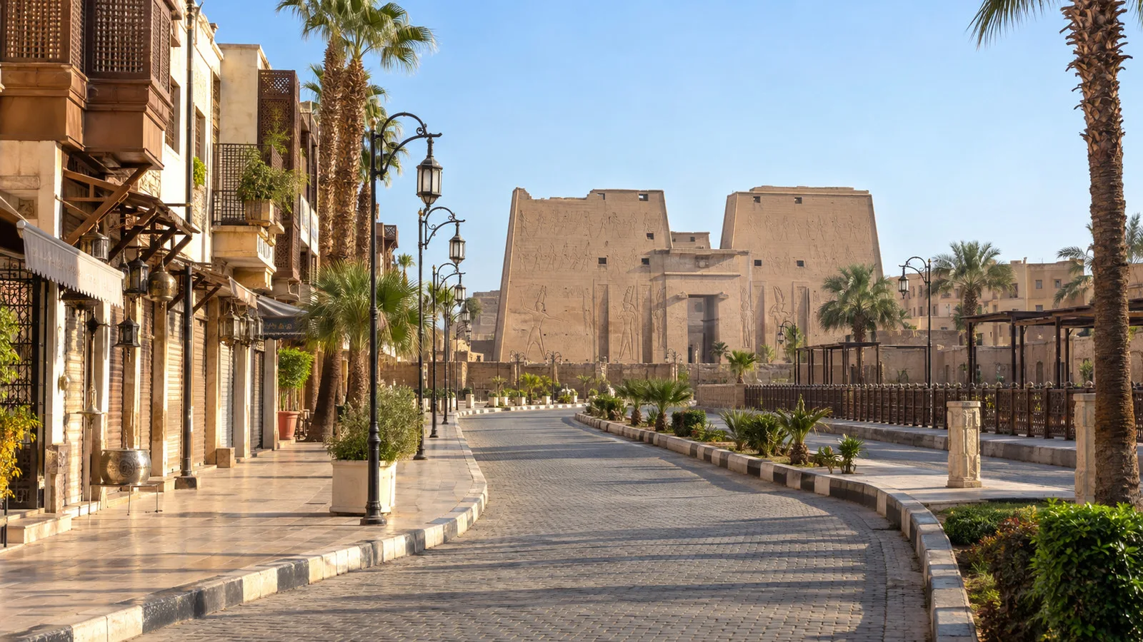 Edfu town streets between river landing and temple without people