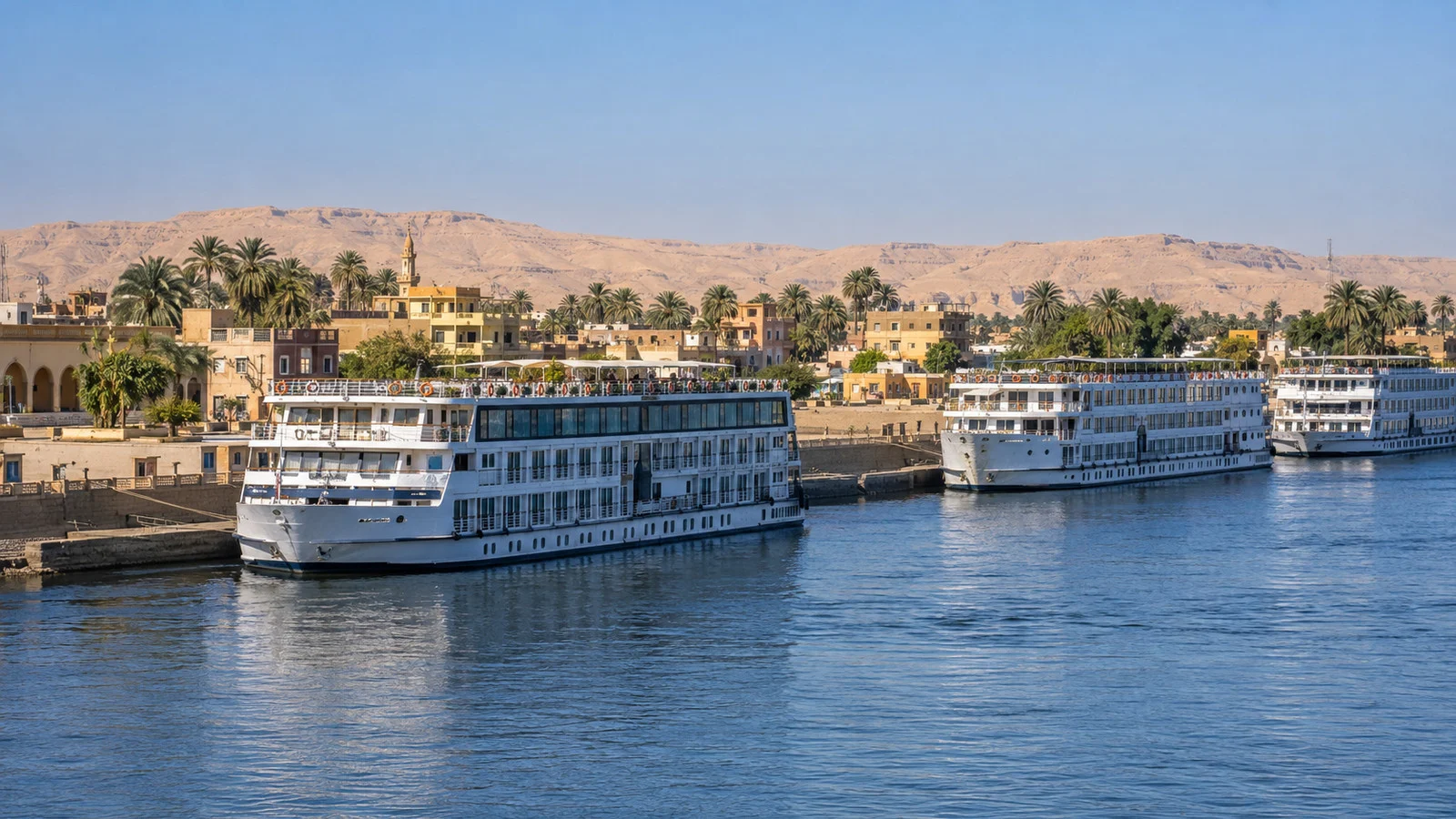 Nile cruise boats moored at Edfu