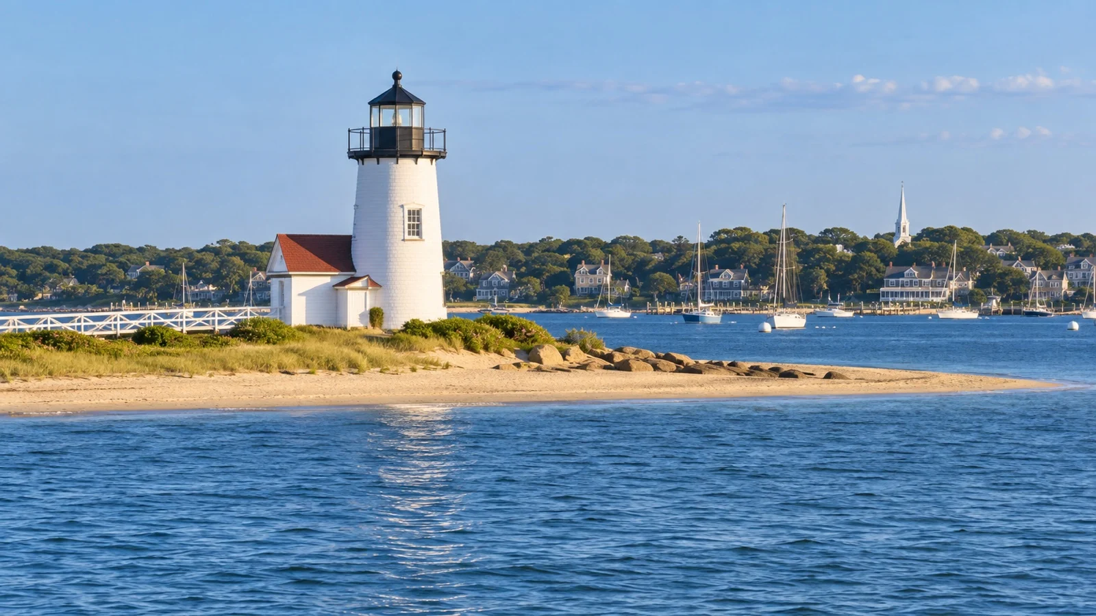 White Edgartown Lighthouse on a sandy point at Martha’s Vineyard