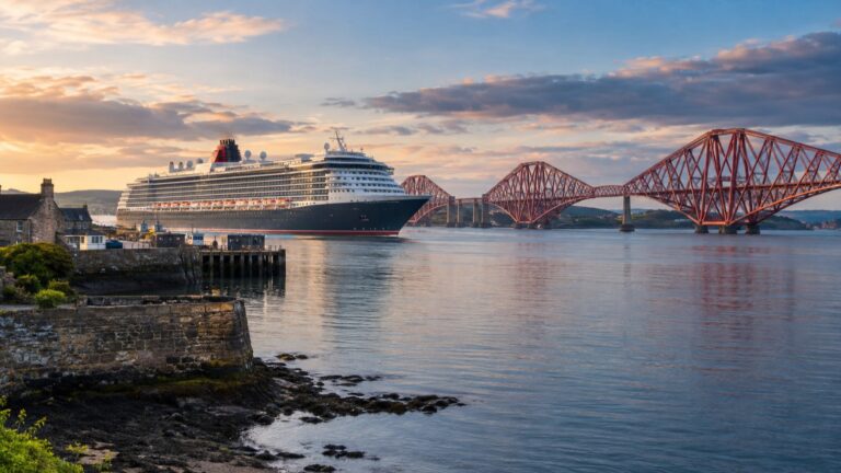 A cruise ship anchored off South Queensferry near the red Forth Bridge