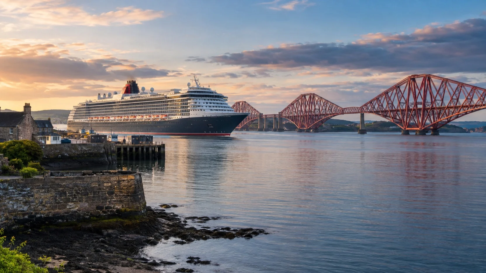 A cruise ship anchored off South Queensferry near the red Forth Bridge