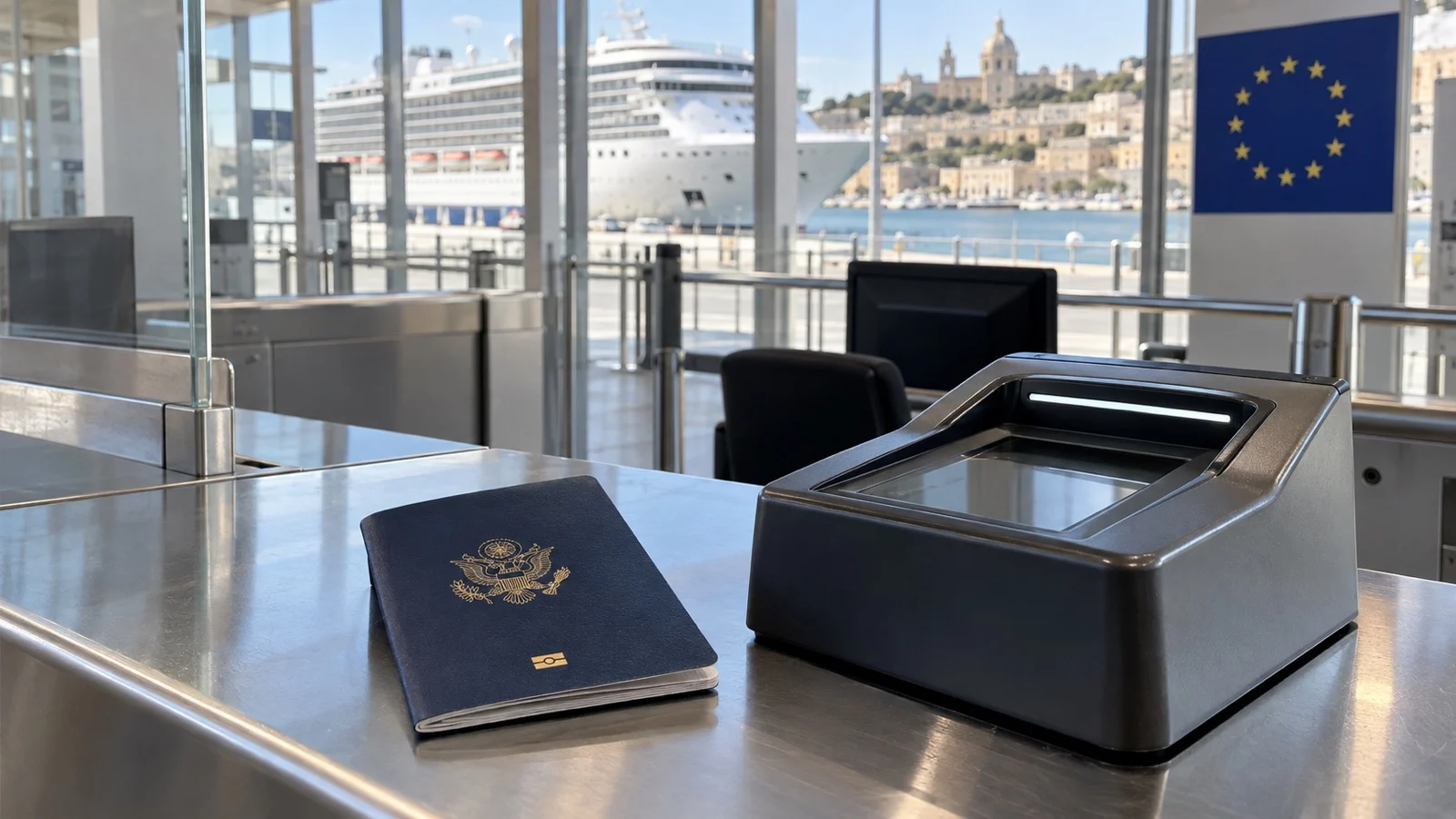 Passport beside blank biometric scanner at empty border-control desk, no readable text