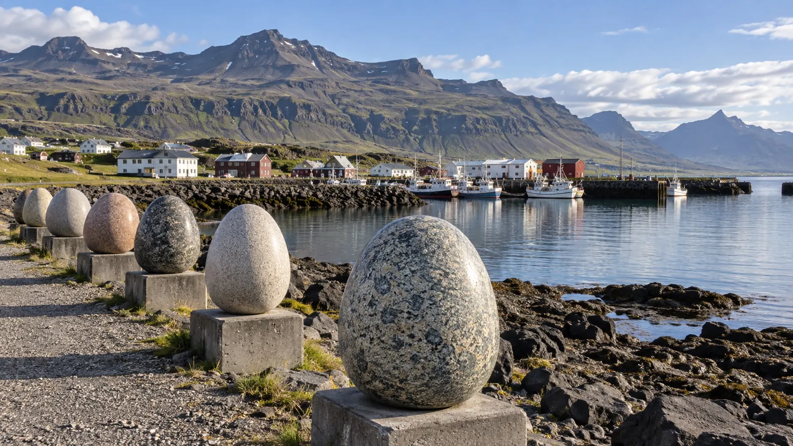 Egg-shaped stone sculptures along Djúpivogur shore