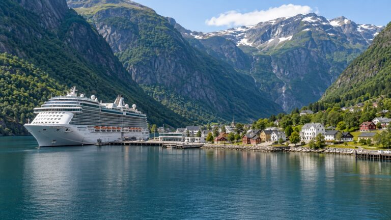 Cruise ship docked beside Eidfjord village beneath steep mountains