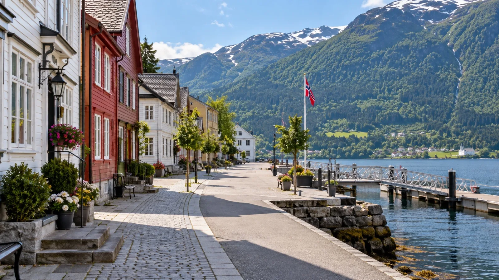 Traditional wooden buildings along Eidsgata in Nordfjordeid
