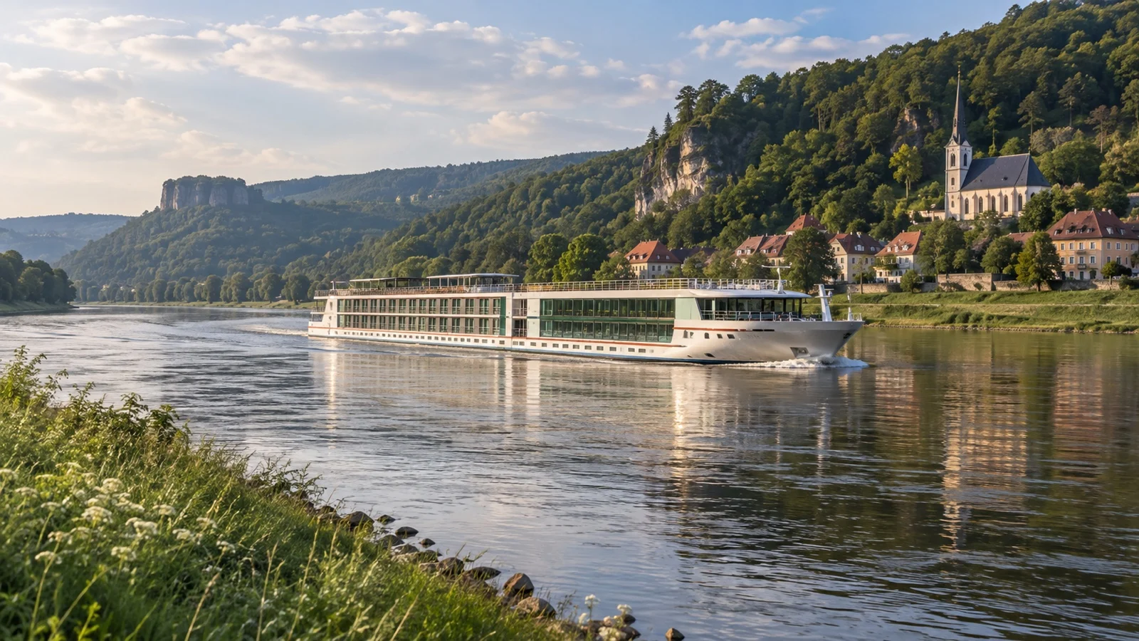 Shallow-draft river cruise ship on the Elbe