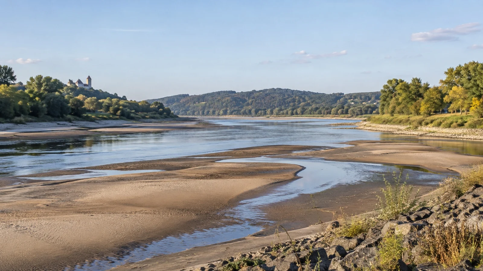 Exposed sandbars on low-water Elbe River
