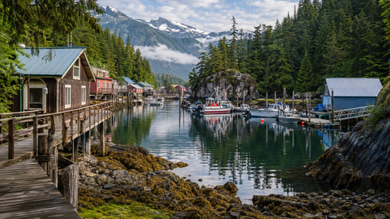Elfin Cove Alaska tiny harbor and wooden boardwalk on forested Southeast Alaska island with small fishing boats, no people