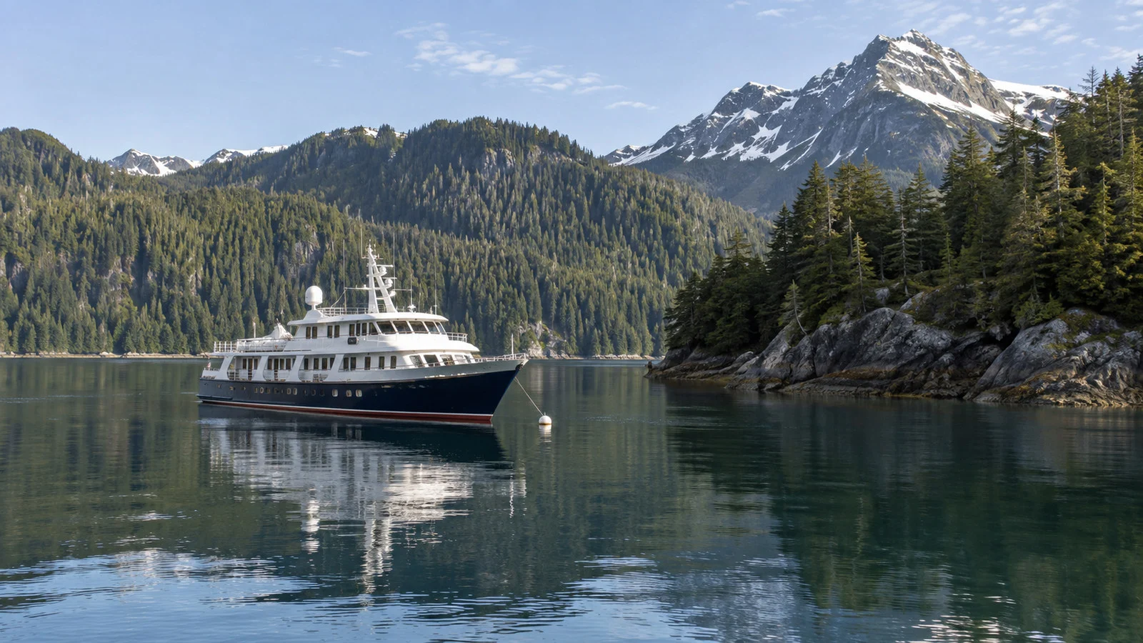 Small expedition cruise boat anchored off Elfin Cove Alaska in calm sheltered water beneath forested hills, no people