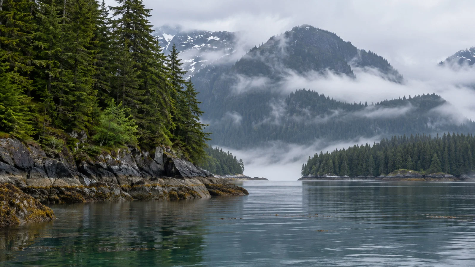 Southeast Alaska remote forested coastline near Elfin Cove and Pelican with mist, rocky shore and calm sea