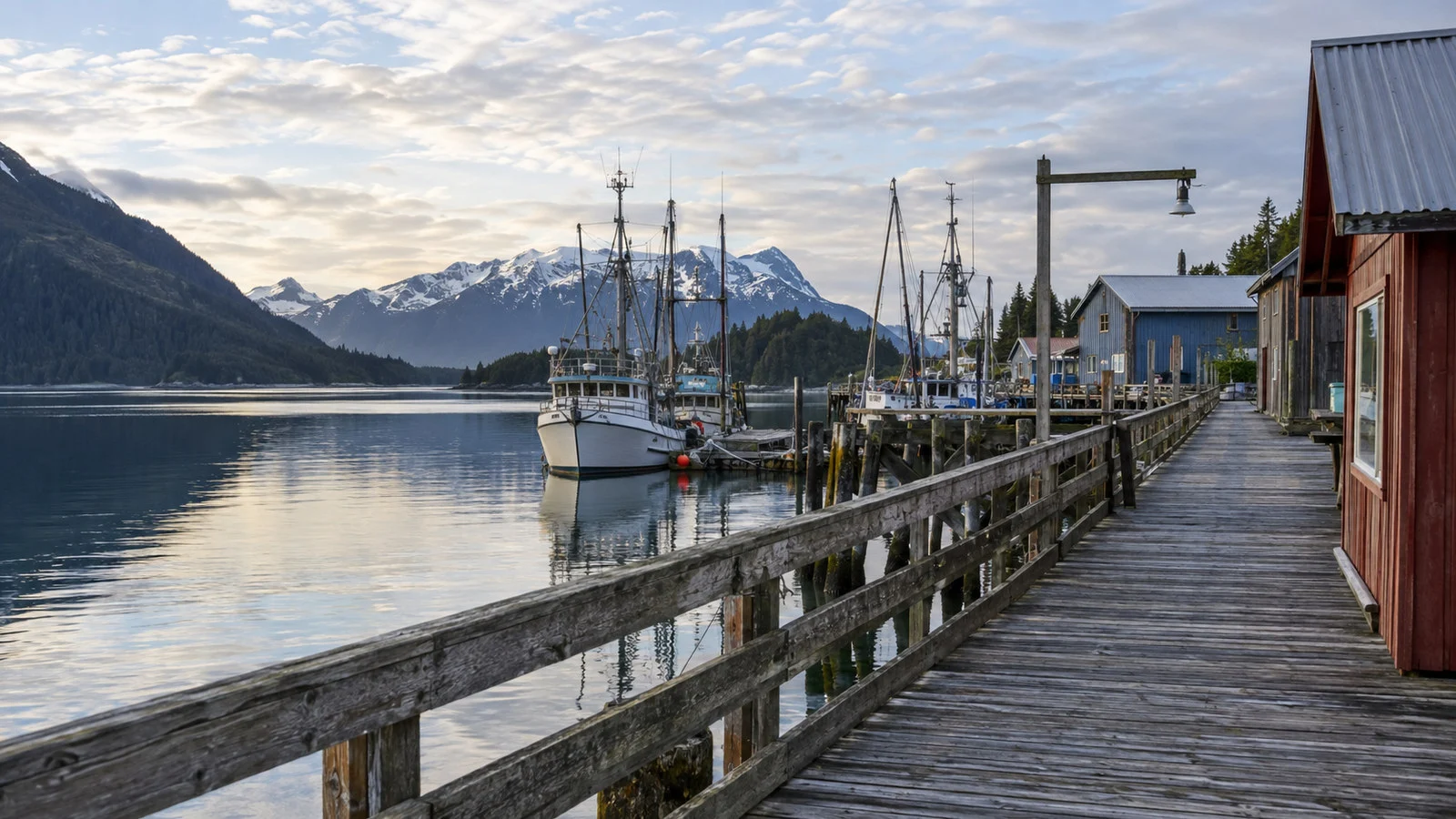 Weathered wooden boardwalk along Pelican Alaska village beside Lisianski Inlet with moored fishing boats, no people