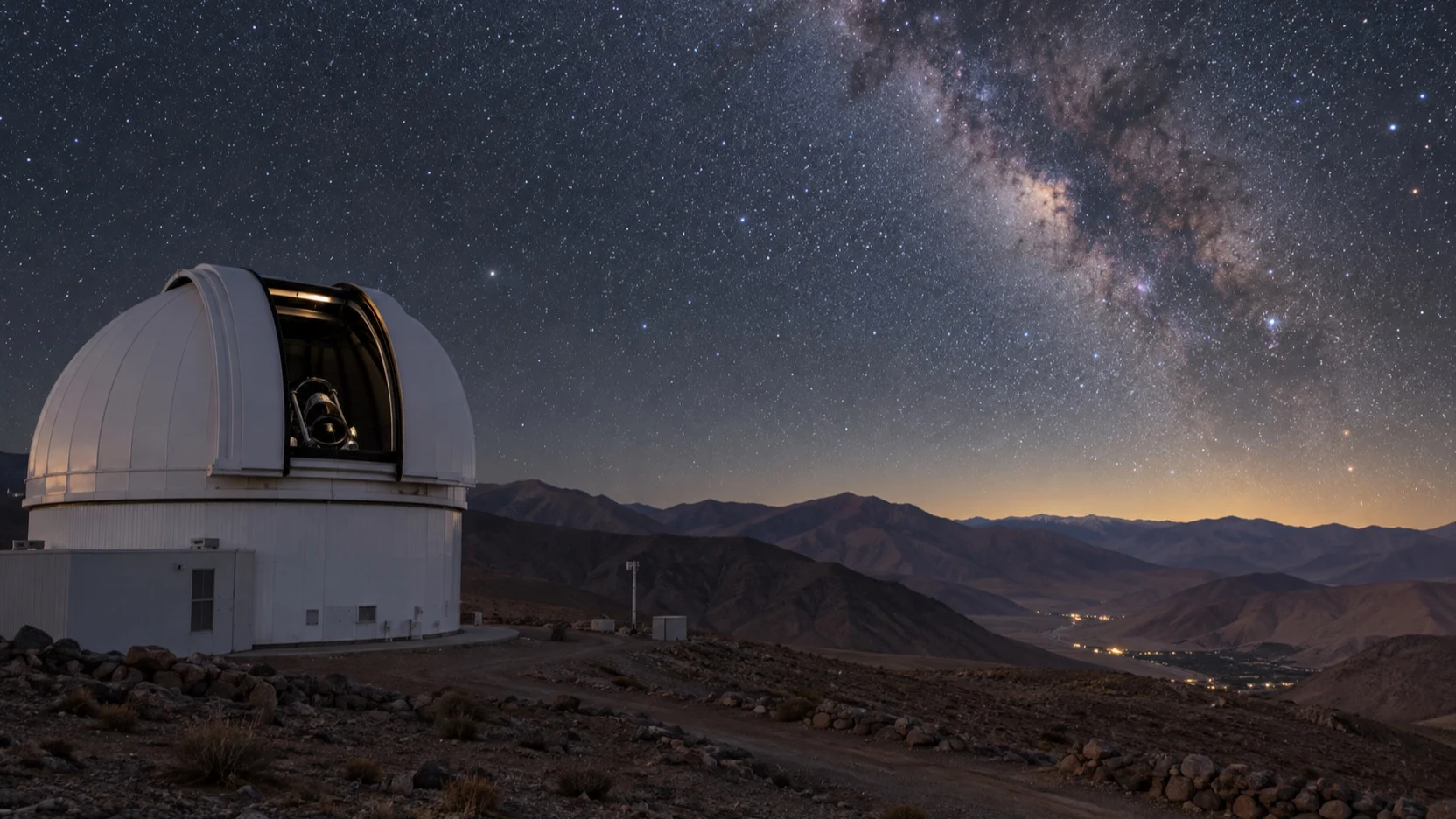 Observatory dome beneath a star-filled sky in Chile's Elqui Valley