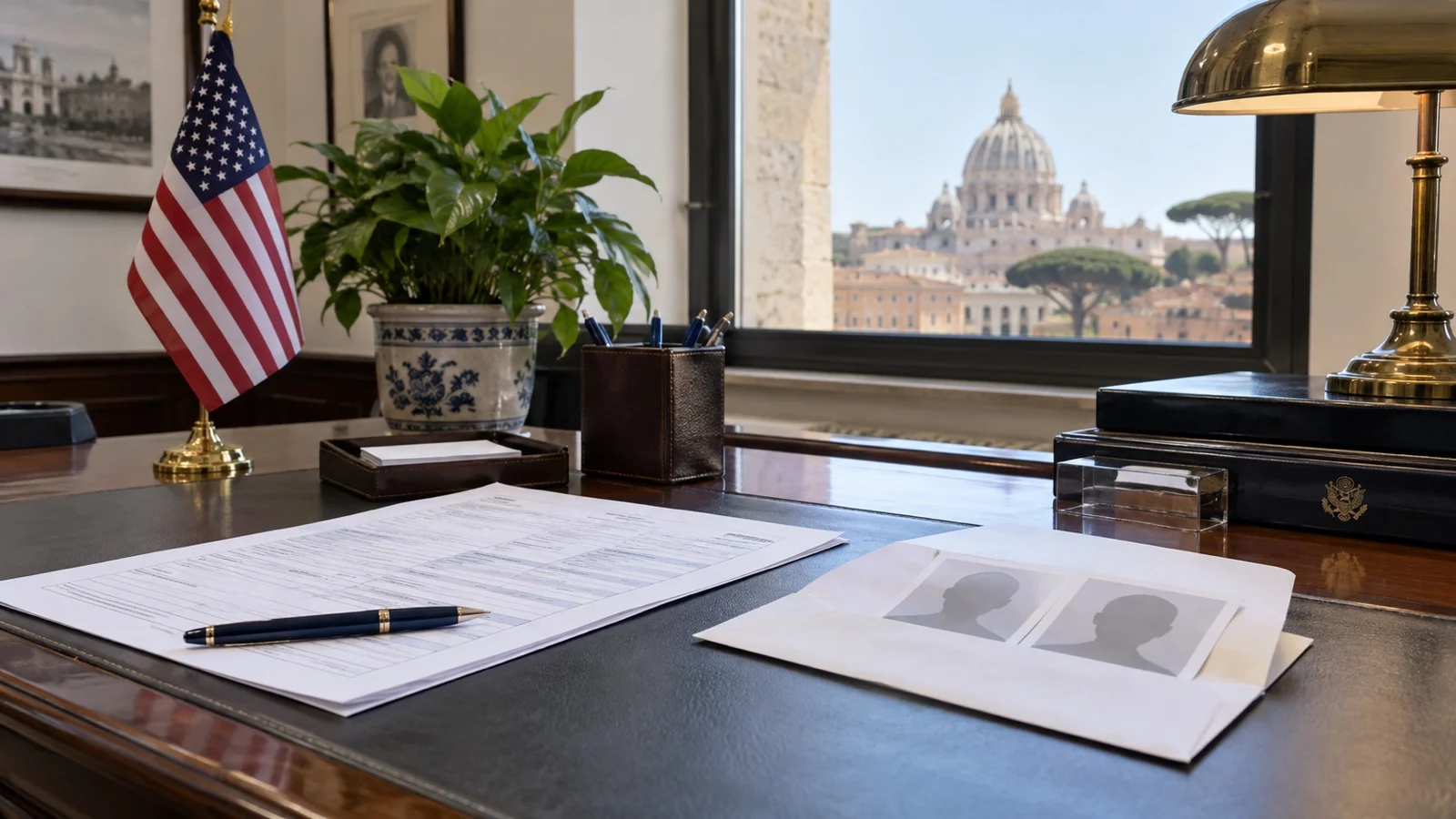 Blank emergency passport application and passport photos on consular desk