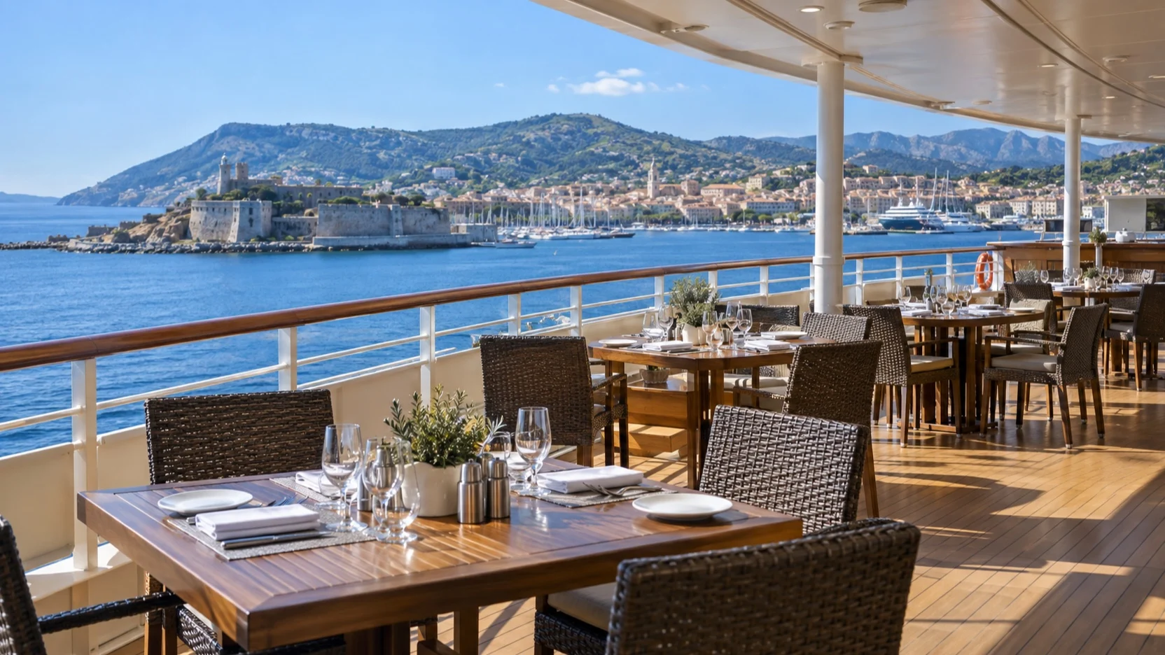 Unoccupied cruise ship dining terrace overlooking the harbor