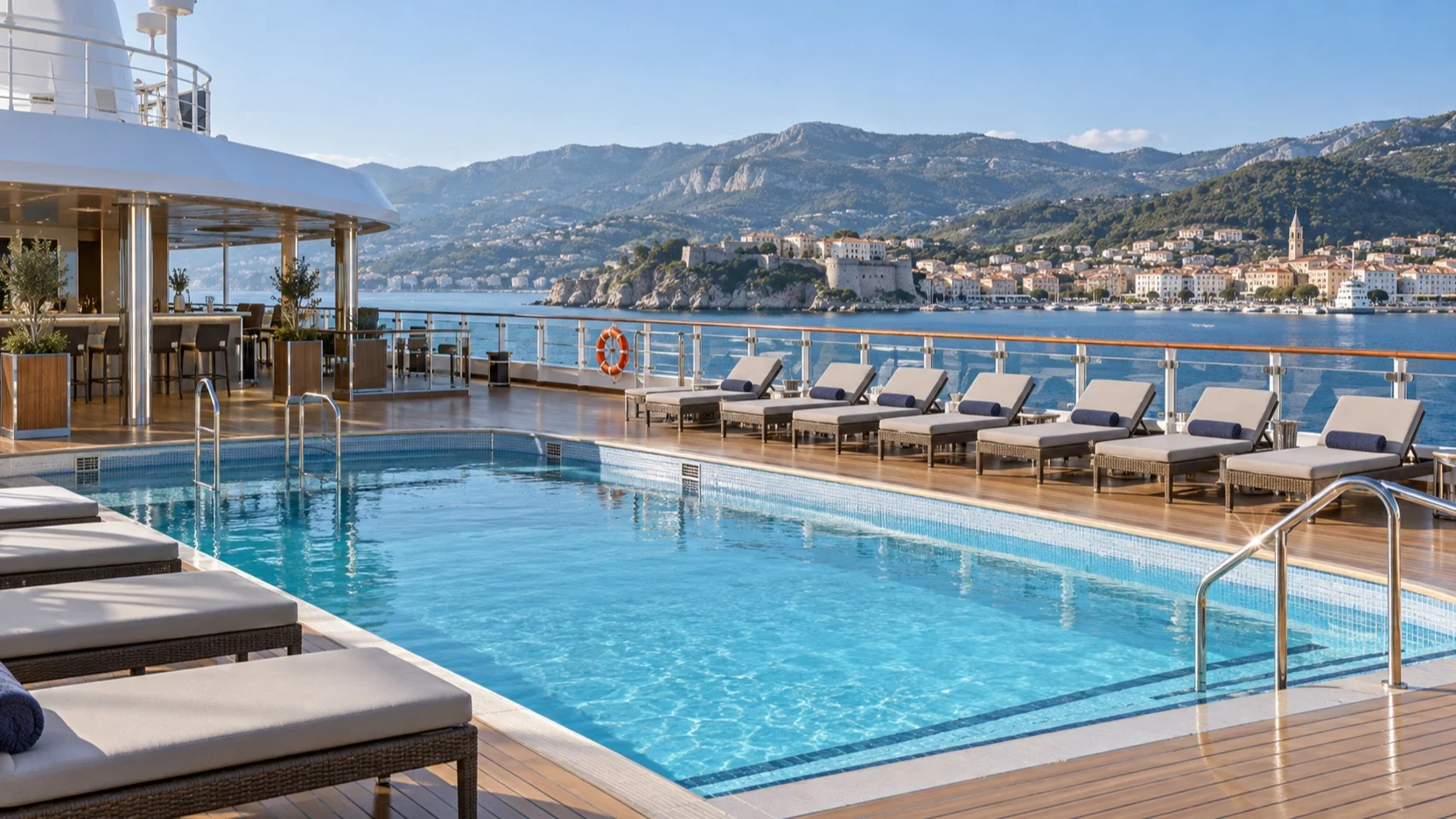 Quiet cruise ship pool and empty loungers during a port day