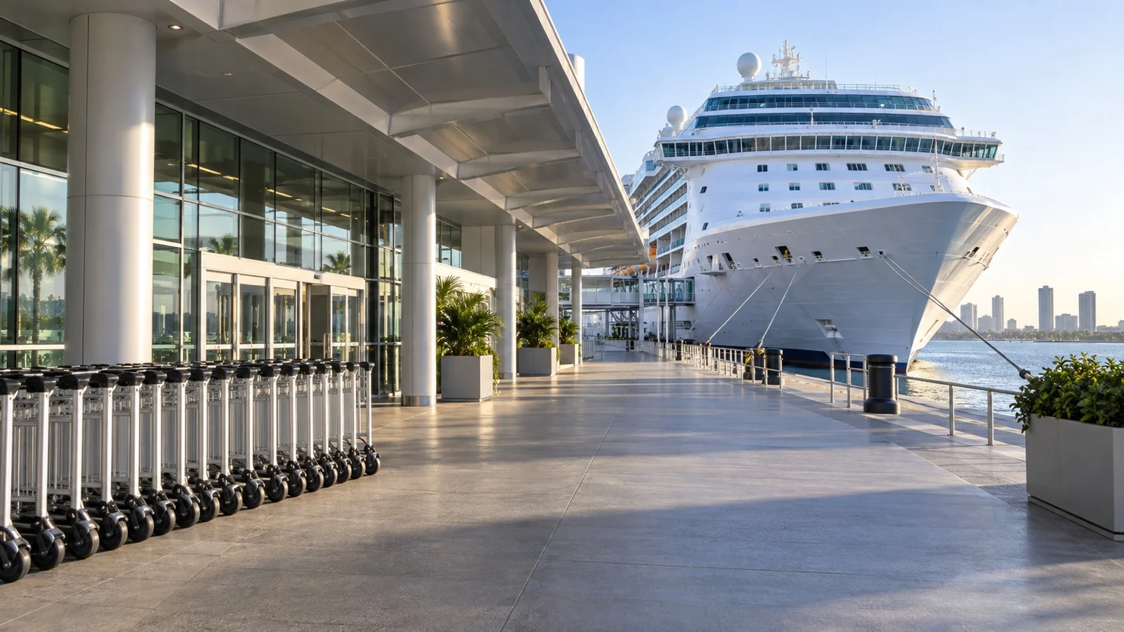 Empty cruise terminal and luggage trolleys beside a ship