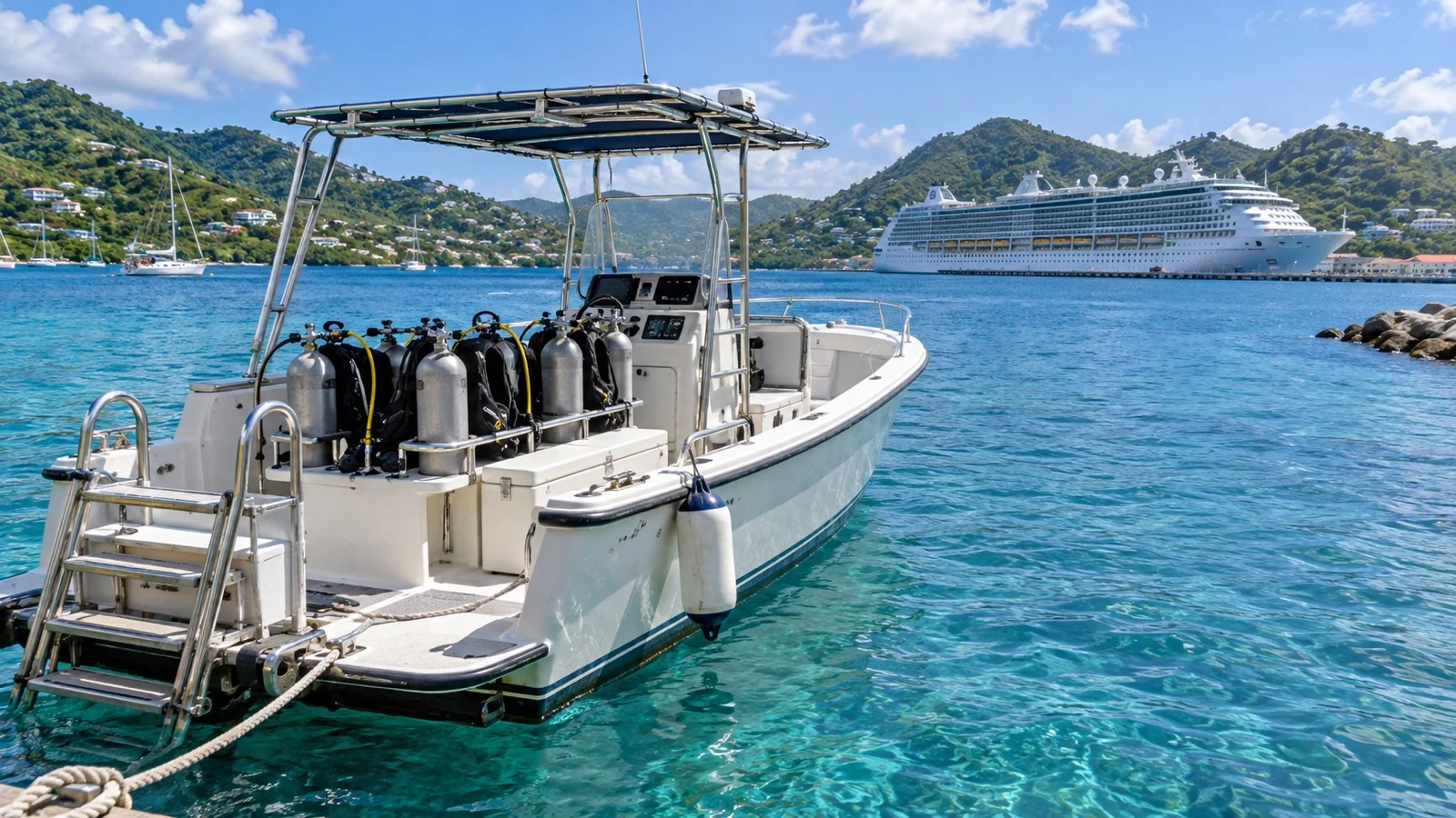 Dive boat with scuba tanks near a cruise ship