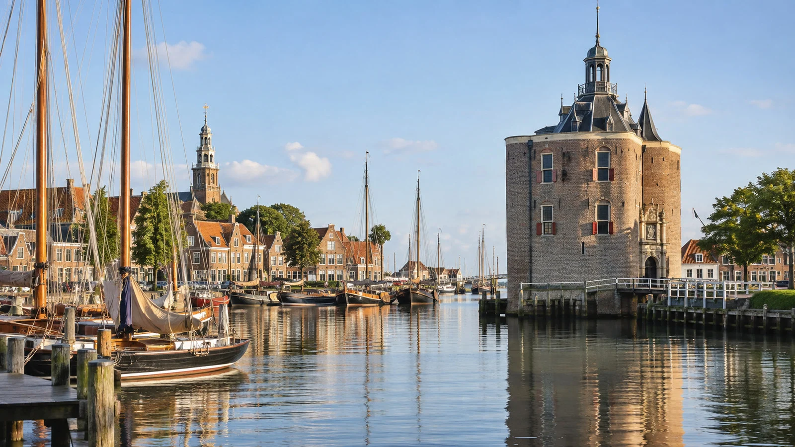 Drommedaris historic defensive tower and old harbor in Enkhuizen Netherlands with classic sailboat masts, no people