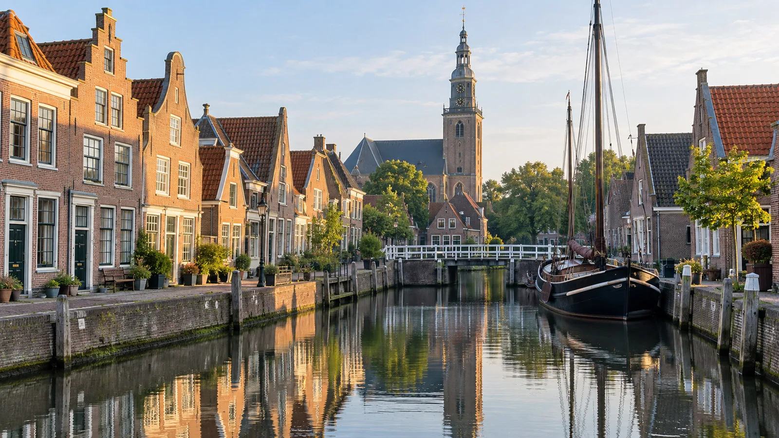 Enkhuizen historic center with brick merchant houses, narrow canal and church tower under soft morning light, no people