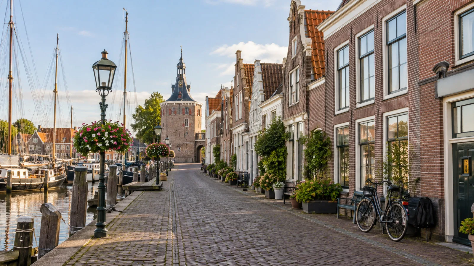 Quiet cobbled walking street from Enkhuizen harbor toward the old town with traditional Dutch facades and bicycles parked, no people