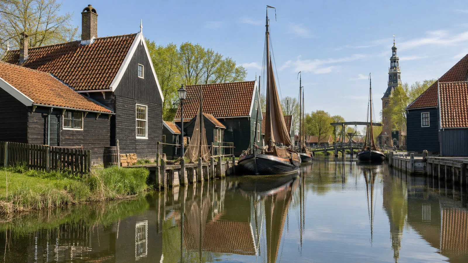 Zuiderzee Museum Enkhuizen open-air heritage buildings with wooden fishing cottages and canal, no people