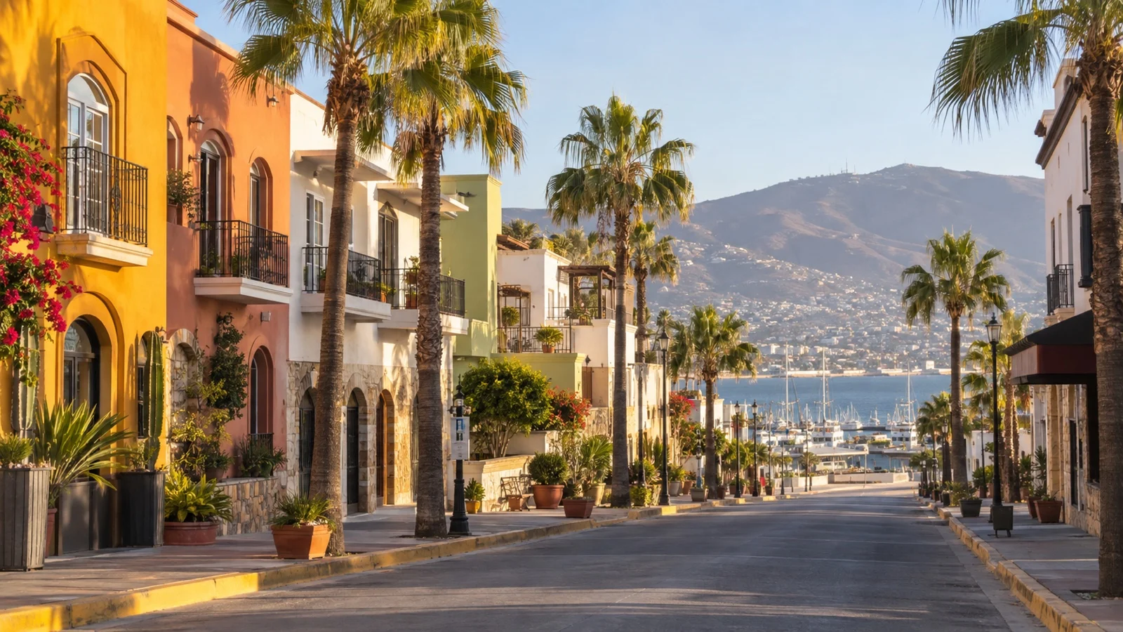 Central Ensenada street with colorful modest hotels, palm trees and warm Baja California light