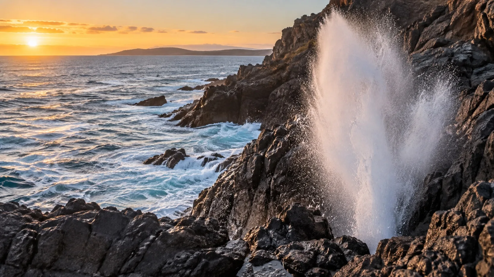 Ocean spray erupts from La Bufadora blowhole near Ensenada