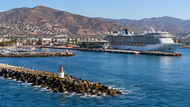 A cruise ship at Ensenada's Pacific harbor beneath Baja coastal hills