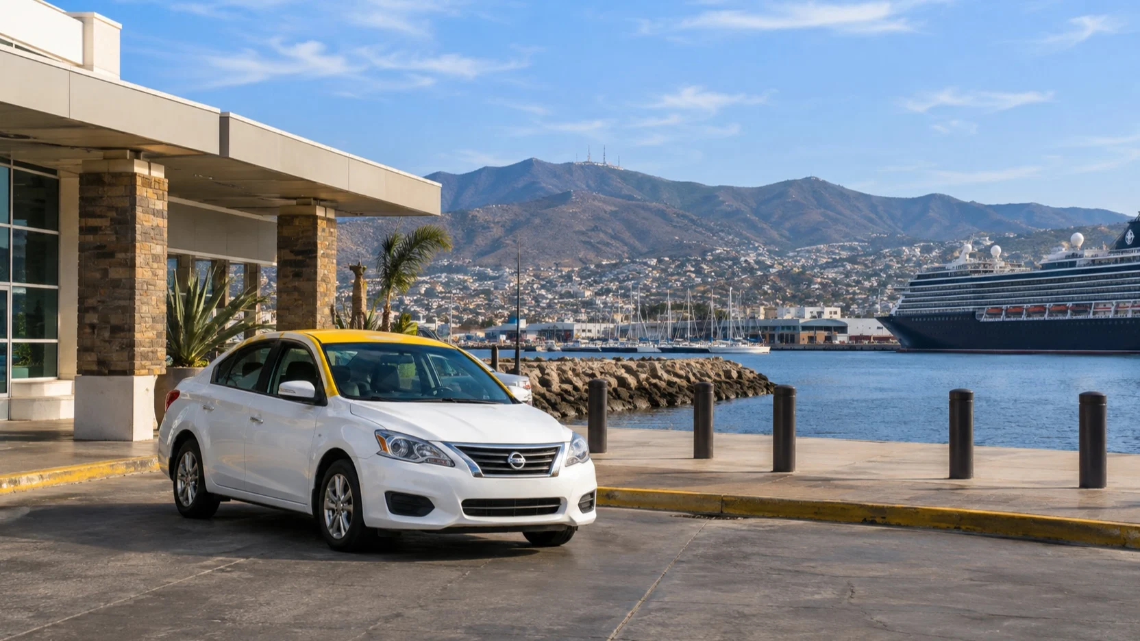 An empty taxi near Ensenada cruise terminal with the harbor behind it