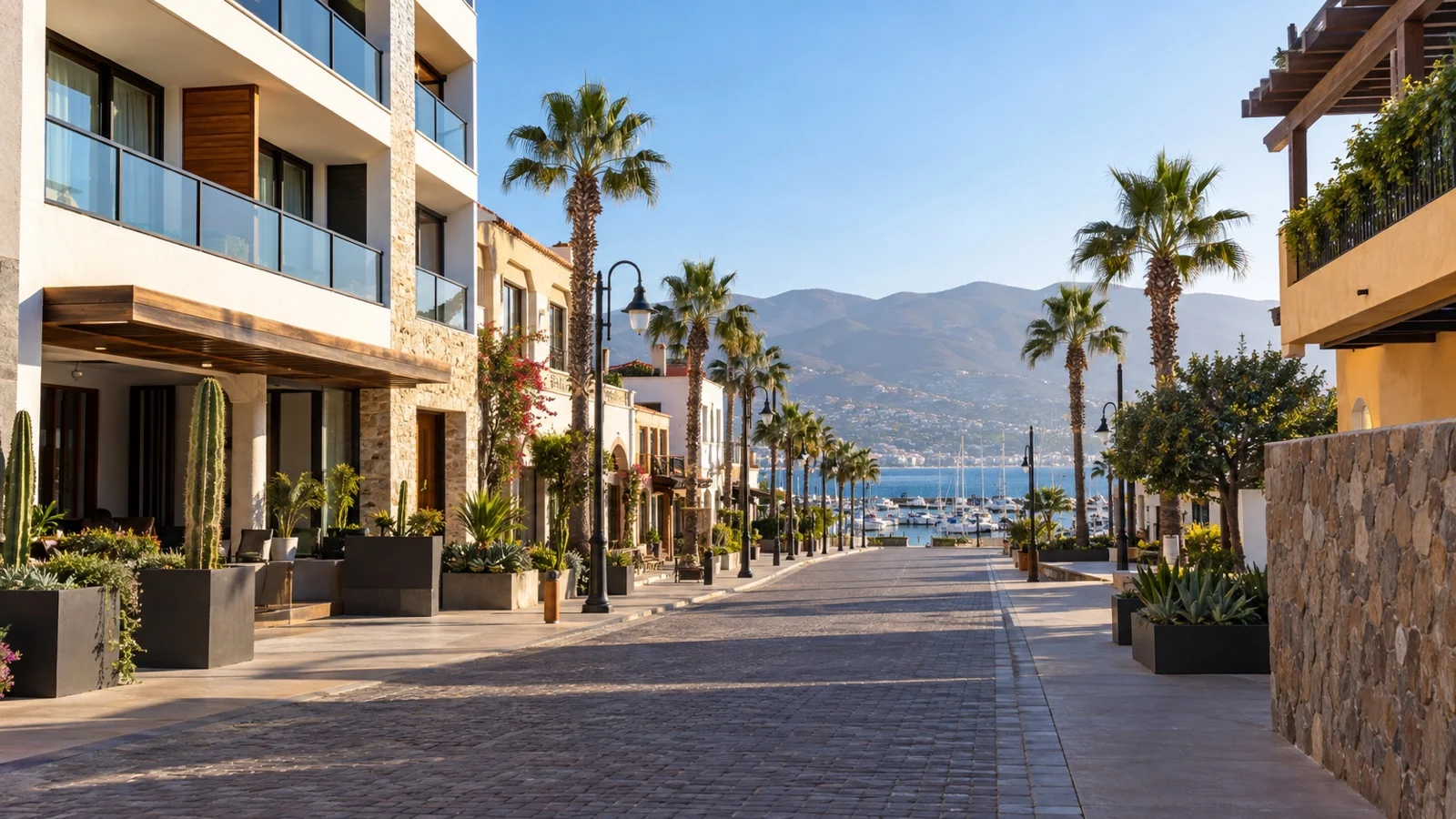Ensenada downtown hotel district close to the waterfront, contemporary low-rise buildings and quiet pedestrian streets