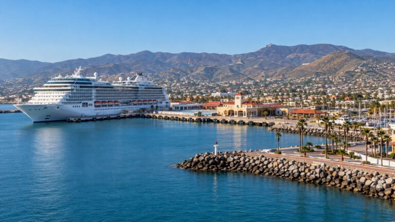 Ensenada cruise terminal with a white cruise ship docked on the harbor, Baja California hills and Mexican waterfront beyond