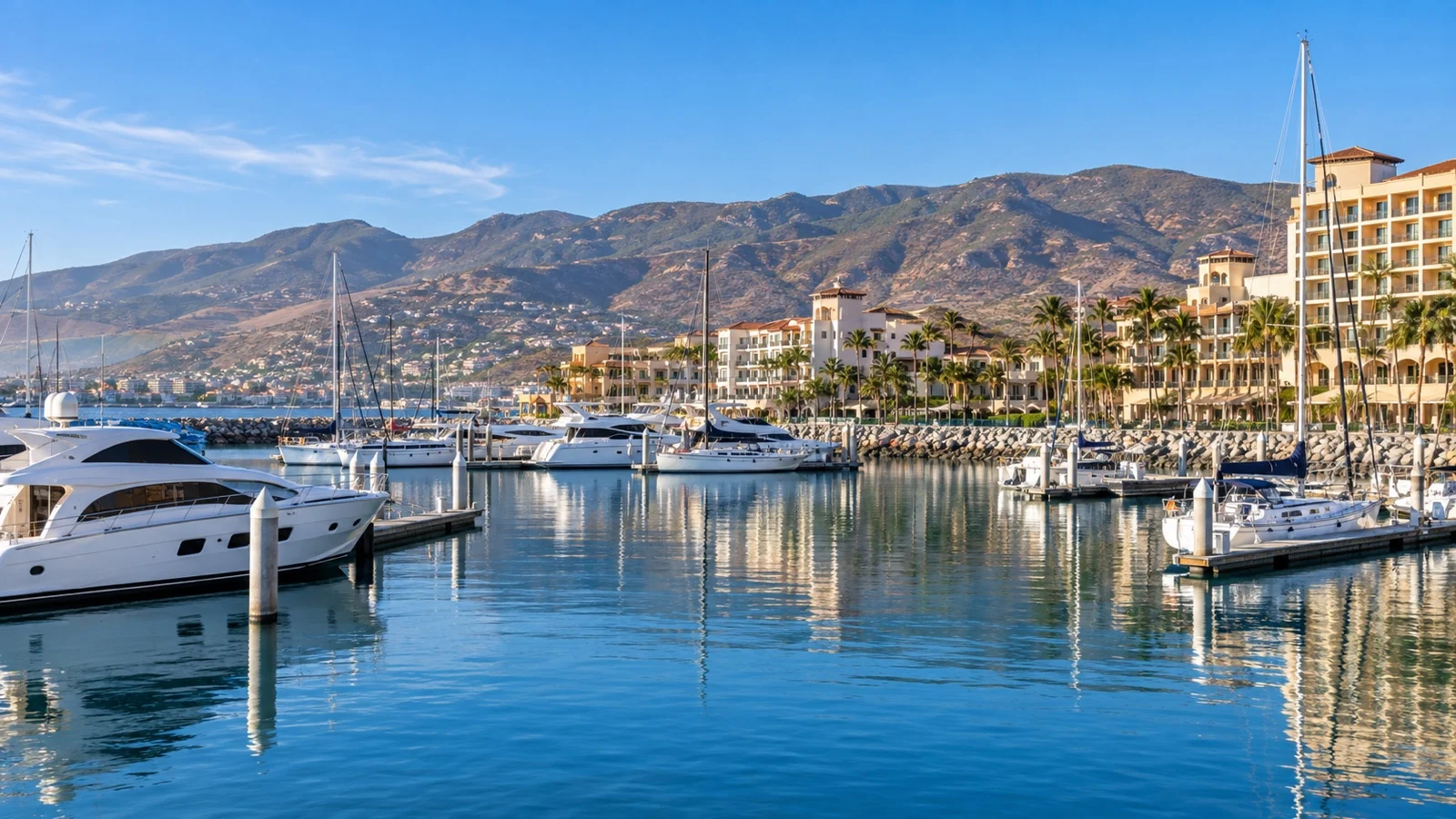 Ensenada marina with waterfront hotels and yachts, Pacific coast hills and clear blue sky