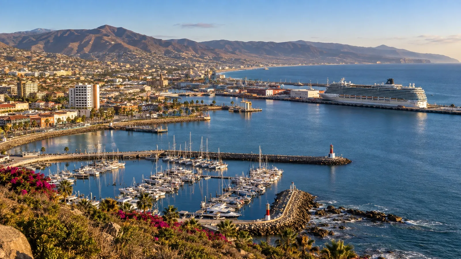 Panoramic Ensenada waterfront showing downtown, the cruise harbor and marina along the Baja California coast