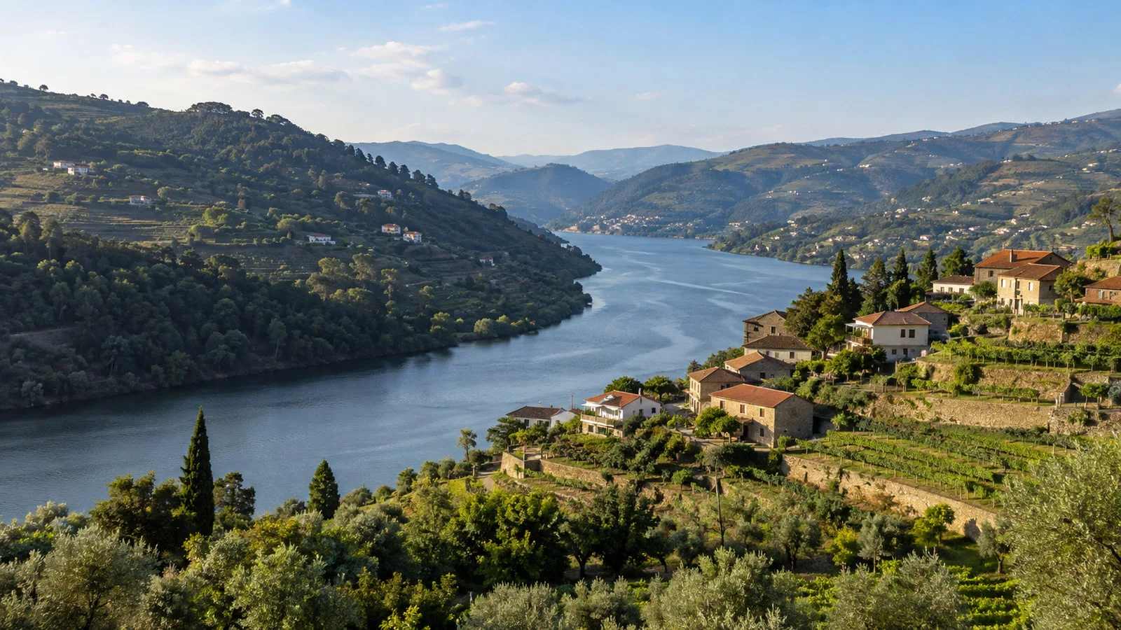 Quiet Douro valley hills and village near Entre-os-Rios Portugal with river bend and terraced slopes, no people